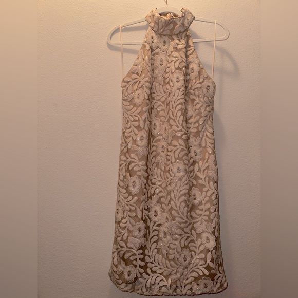 NWT Belle Badgley Mischka cream floral sequin halter mini dress formal party 8 - Picture 1 of 13